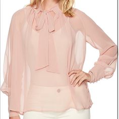 Look Chic And Effortless In This Misty Rose Colored Shirt Crafted From A Sheer Fabric, The Bow Tie Shirt Features A High Neck With Tie Up Bow And Gathered Seam, Plunging Front Cut Out, Long Sleeves With Fused Button Up Cuffs And Relaxed Silhouette Elevate The Look With A Tailored Pant And Strappy Heel 98% Polyester, 2% Elastane Imported Dry Clean Only Color: Dusty Rose Final Sale Price Currently On Amazon For $55 Pink Fitted Tie Neck Top, Elegant Pink Tie Neck Top, Elegant Pink Tops For Brunch, Pink Tie Neck Top For Party, Feminine Pink Tie Neck Top, Pink Feminine Tie Neck Top, Neck Bow Tie, Bow Tie Shirt, Floral Lace Shorts