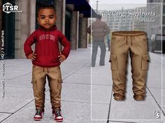 a little boy in red shirt and khaki pants standing next to a sidewalk