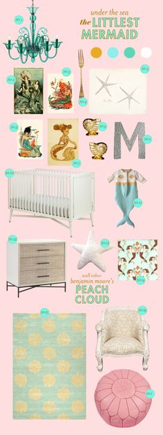 a pink and green nursery room with lots of items on the wall, including a crib