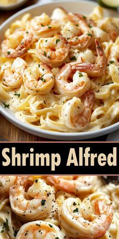 shrimp alfredo with garlic and parsley in a white bowl