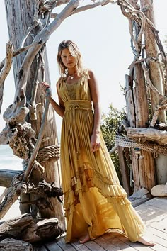 Femme beachy maxi from our Endless Summer collection featuring a dramatic tiered skirt, crochet lace insets and a drawstring waist.* Tassel drawstring* Semi-sheer accents* Flowy fit Maxi Dress Boho Style, Bohemian Schick, Bridal Kimono, Mode Hippie, Gaun Fashion, Estilo Hippie, Blue Crush, 70s Boho, Mode Boho