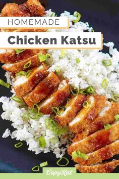 chicken and rice on a plate with the words homemade chicken katsuu over it