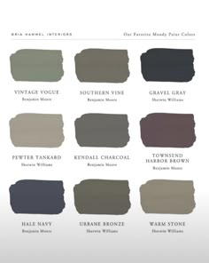 the shades of gray and brown are shown in this color chart for interior paint colors