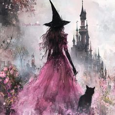 a painting of a woman in a pink dress and witch hat with a black cat