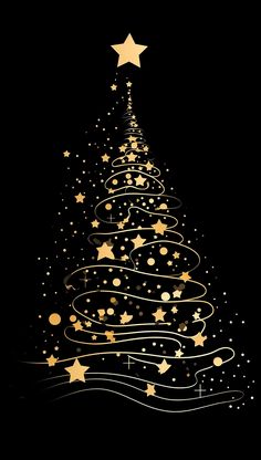 a christmas tree with gold stars and swirls on the top, against a black background