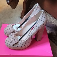 These Betsey Johnson Platform Heels Are Some Of The Cutest Heels I've Ever Owned! They Are Brand New, But I Do Not Have The Original Tags... Although I Do Have Them In The Original Box. I Never Got The Chance To Wear Them. They Are A Blush Pink With Gray Polka Dots And Have A 5 Inch Heel... They Are Adorned With Little Bows On Top Of The Shoe. They Have A Very Comfortable Sole Inside Lace Platform Heels, Pink And Black Polka Dot, Vintage Betsey Johnson Runway, 50s Heels, Cute Pink Heels, Cross Heels, Y2k Heels, Polka Dot Heels