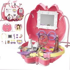 an assortment of toys and accessories are shown in this image, including a pink case