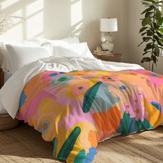 "A custom made duvet cover, with a beautiful bright abstract floral design.  PROPERTIES: - Hidden zipper closure.  - Insert not included. - Includes interior ties in each corner. - Single sided print, the duvet cover is white inside.  - Printed using non-toxic inks. SIZE OPTIONS:     - Twin: 68\" x 88\" (173cm x 223.5cm),     - Twin XL: 68\" x 92\" (173cm x 234cm),     - Queen: 88\" x 88\" (223.5cm x 223.5cm),      - King: 104\" x 88\" (264cm x 223.5cm) MATERIAL PROPERTIES: The cover is made fro Pink And Orange Decor Interiors, Orange And Hot Pink, Pink Orange Purple, Material Properties, Pink Duvet, Abstract Floral Design, Pink Duvet Cover, Flowers Orange, Orange Decor