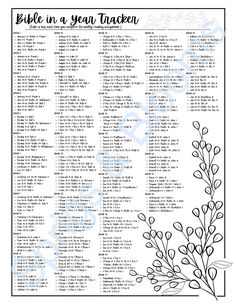 a printable bible in a year calendar with the names and numbers for each month