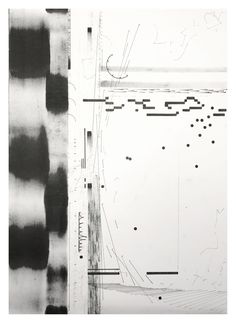 an abstract painting with black and white lines on the bottom right hand corner, overlayed by smaller dots