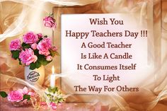 happy teachers day card with pink roses in vase and candles on the table next to it