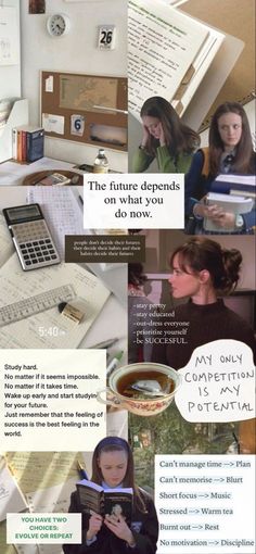 a collage of photos with words and pictures on them, including an image of a woman holding a book