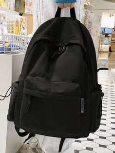 Simple Black Backpack, Black Backbag Aesthetic, Black Bookbag Aesthetic, Black Backpacks For School Aesthetic, Cute Backpacks Black, Cute Black Backpacks, Bags For School Black, Large Black School Bag, Black Backpack With Pockets