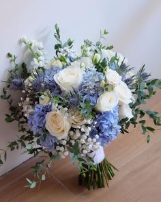 Bouquet • Instagram Blue Dahlia Bouquet, Blue And Green Flower Centerpieces, Bouquet Wedding Hydrangea, Blue Bridal Bouquet Hydrangea, Wedding Decorations Hortensia, Blue And White Bride Bouquet, Something Blue Bouquet, White Wedding Flowers With Pop Of Blue, Homecoming Flowers Bouquet Blue