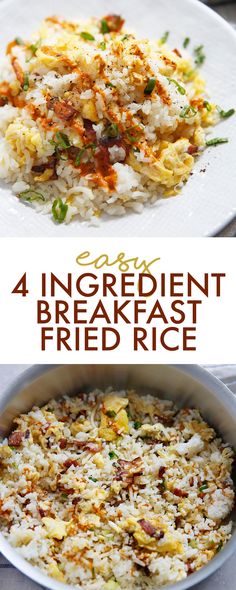 four different types of rice on plates with the words easy 4 ingredient breakfast fried rice