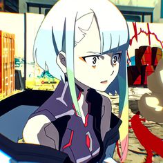 an anime character with white hair and blue eyes standing in front of graffiti covered buildings