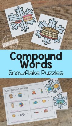 two snowflake puzzles with the words compound words and an image of a cake