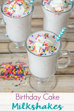 birthday cake milkshakes with sprinkles in glasses