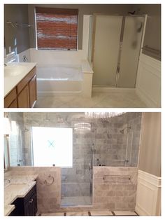 before and after pictures of a bathroom remodel with tub, shower, sink