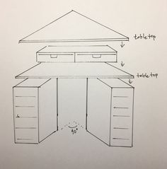 the drawing shows how to draw a desk with two drawers and one door on each side