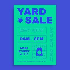 the yard sale poster is displayed on a blue background