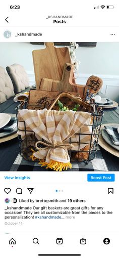 a basket filled with food sitting on top of a table