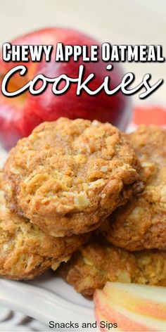 chewy apple oatmeal cookies on a plate with an apple in the background