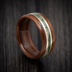 Solid Wood Ring with Cash and Brass Inlays Mens Wedding Bands Wood, Mens Bands, Unique Mens Wedding Bands, Nature Rings, Male Rings, Wooden Wedding Bands, Metal Ideas, Men's Wedding Rings, Wood Inlay Rings