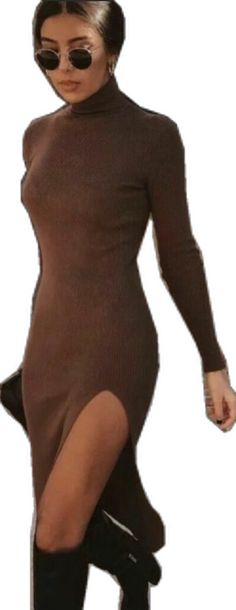 Brown Knit Winter Dress, Winter Brown Ribbed Midi Dress, Casual Brown Bodycon Dress For Winter, Winter Brown Mini Length Bodycon Dress, Brown Ribbed Midi Dress For Winter, Brown Mini Length Bodycon Dress For Winter, Brown Stretch Dresses For Winter, Brown Ribbed Sweater Dress For Spring, Chic Brown Knit Sweater Dress