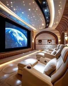 a home theater with two recliners and a large screen