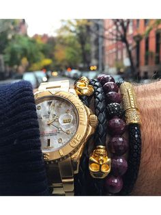 Leather Black With Gold Plated Skulls Gentleman Essentials, Mens Jewerly, Surf Jewelry, Men's Watches Luxury, Wrist Game, Beautiful Watches, Braided Leather, Cool Watches