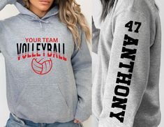 "Elevate your volleyball spirit with our customizable Volleyball sweatshirts and hoodies-- a personalized celebration of your love for the game. Tailor your sweatshirt or hoodie with your team name, player's name, and number.  SLEEVE PRINT: Please note the name will only be printed on one sleeve. Please purchase this listing to add an additional placement on a sleeve (design/text on both sleeves instead of one) https://activealluredesigns.etsy.com/listing/1661437162 HOW TO ORDER: 1. Choose size/color options from the drop-down menus. If you choose another color, specify in the personalization box 2. Enter Your Personalization information 3. Click \"Add to Cart\" 4. Select the quantity 5. Proceed to payment SIZE: Please make sure to check the size chart for the type of shirt you want before Volleyball Team Hoodies, Sports Team Hoodie Design, Volleyball Hoodie Design, Volleyball Spirit Wear, Volleyball Sweatshirts Design, Sweatshirts Ideas, Homemade T Shirts, Warriors Football