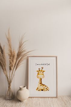 a giraffe is shown next to a vase with some dry grass