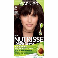 Garnier Nutrisse Nourishing Hair Color Creme, 040 Dark Brown Dark Chocolate, Experience the nourishing color treatment that gives you healthy-looking color that really lasts. The exclusive color treatment, enriched with conditioners and fruit-oil concentrate, penetrates into the hair fibers to nourish deep down while delivering rich, long lasting color. Unique avocado enriched conditioner that harnesses the restorative properties of avocado oil and vitamin E. It nourishes hair and protects again Black Brown Hair Color, Brown Black Hair Color, Garnier Hair Color, Grey Hair Coverage, Black Brown Hair, Korean Hair Color, Color Conditioner, Brown Hair Dye, Permanent Hair Dye