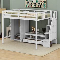 a white bunk bed with stairs and drawers underneath it in a room next to a painting on the wall