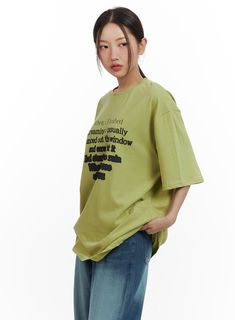 graphic-round-neck-oversized-t-shirt-cu420 / Green Oversized Graphic Print T-shirt For College, Oversized Screen Print T-shirt For College, Oversized Green T-shirt With Letter Print, Green Relaxed Fit Cotton T-shirt, Oversized Green Logo Print Tops, Basic Oversized T-shirt With Screen Print, Casual Cotton Tops With Graphic Design, Oversized Basic T-shirt With Screen Print, Oversized Green T-shirt With Graphic Print