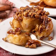 two pieces of pecan bread on a white plate with a fork in the middle