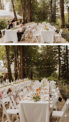 wedding reception in the woods with white tables and chairs