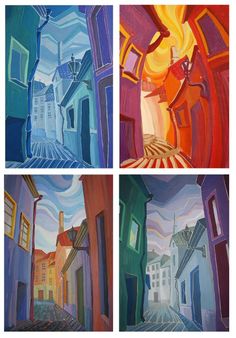 four different paintings of buildings and people in them