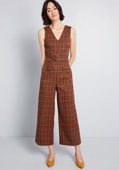 jumpsuit plaid choose board aesthetic Jumpsuit Aesthetic, Black Jumpsuit Outfit, Fall Outfits Aesthetic, Retro Inspired Fashion, Brown Jumpsuits, Plaid Jumpsuit, Board Aesthetic