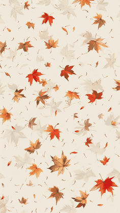 an image of autumn leaves flying in the air on a white background with red and orange colors