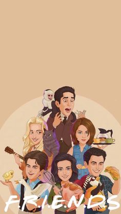 the cast of friends is depicted in this cartoon style poster, which features an image of two