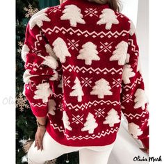 Olivia Mark - Winter Knitwear: Christmas-themed Half Turtleneck Sweater with Embroidered Long Sleeves and Festive Jacquard Pattern Casual Christmas Crew Neck Cardigan, White Festive Sweater For Fall, Long Sleeve Christmas Cardigan, Festive White Sweater For Fall, Festive Long Sleeve Christmas Sweater, Festive Long Sleeve Winter Outerwear, Festive Long Sleeve Christmas Cardigan, Festive Christmas Fair Isle Sweater, Festive Fair Isle Christmas Sweater