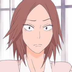 an anime character with brown hair and white shirt looking at the camera while standing in front of a window