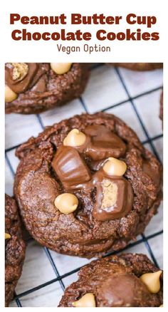 peanut butter cup chocolate cookies on a cooling rack with the words vegan option above it