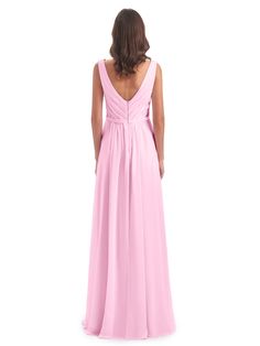 a woman in a long pink dress looking back