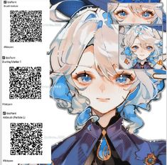 an anime character with blonde hair and blue eyes is shown in the form of a qr