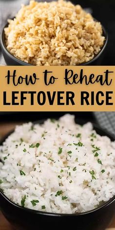 how to reheat leftover rice in a black bowl with text overlay