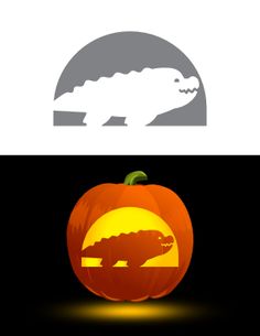 a pumpkin with an alligator on it and the silhouette of a crocodile is in the background