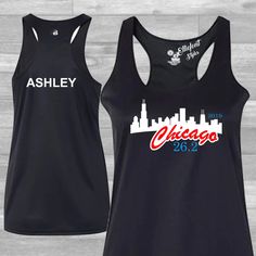 two women's black tank tops with the words chicago and ashley printed on them